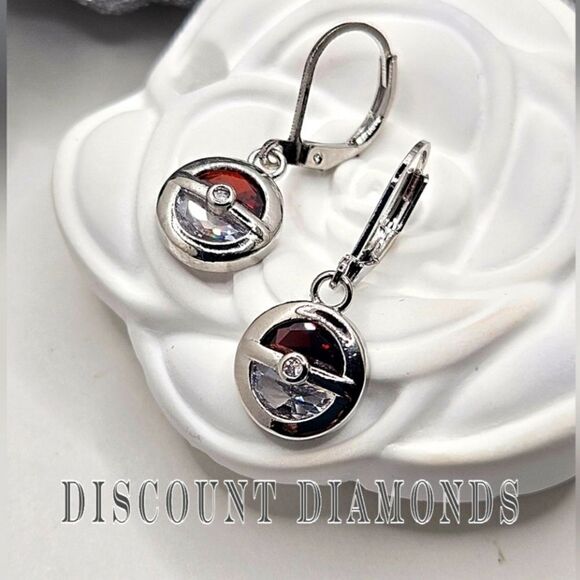 White & Red Diamond Earrings on 925 Sterling Silver -  Women's - Picture 7 of 7